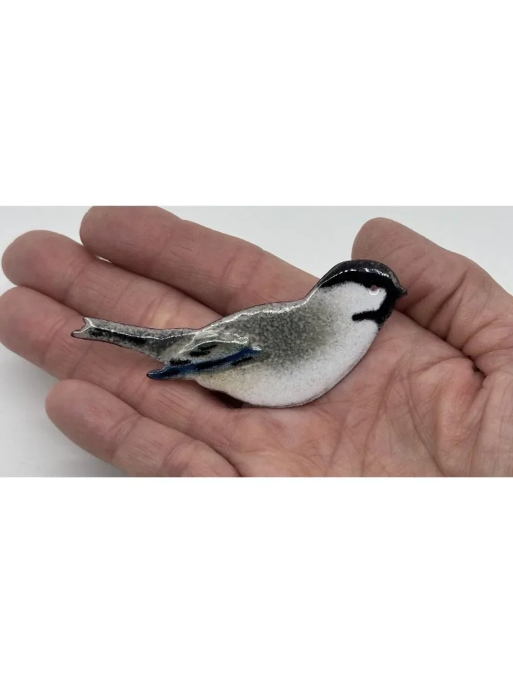 Vintage Artisan Black Capped Chickadee Bird Brooch Enamel on Copper and Unsigned